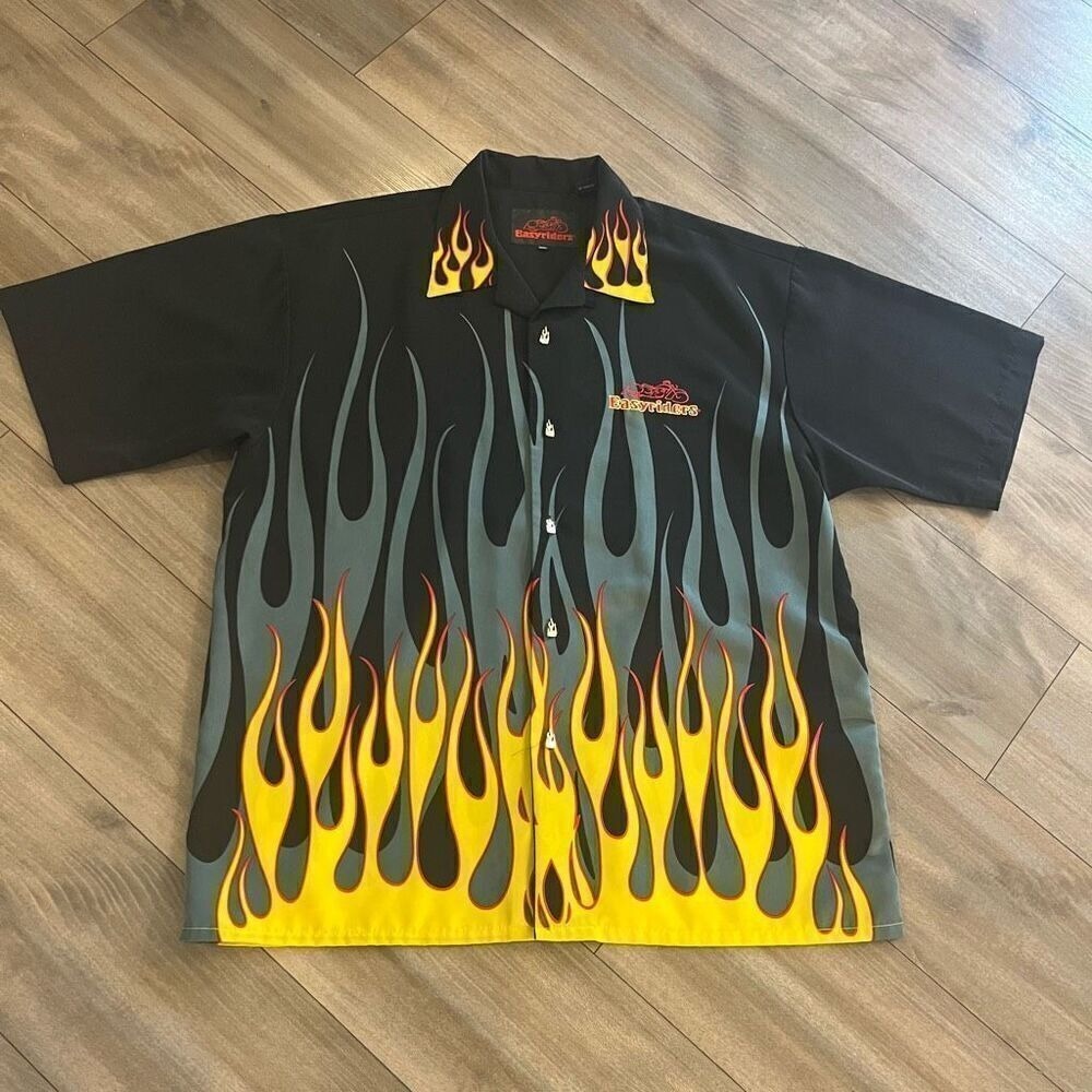 Easyriders‎ Mens XXXL Black Flame Graphic Button Down Biker Shirt Bin N-13